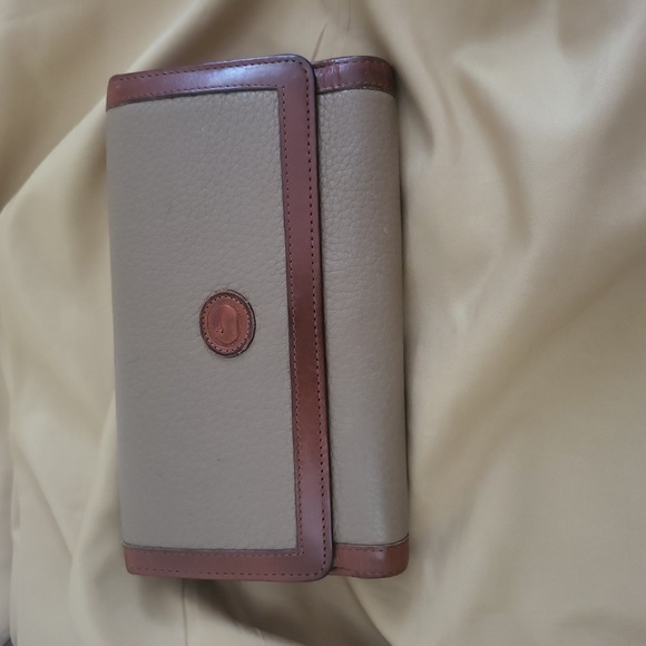 Dooney & Bourke Handbags - Dooney & Bourke Taupe & Brown Leather Organizer Checkbook Tri Fold Wallet